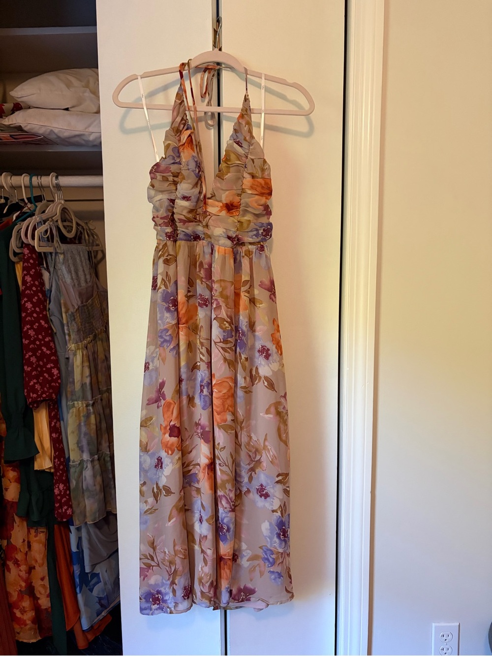 Lulu's Peach and Lavender Floral Midi Halter Dress